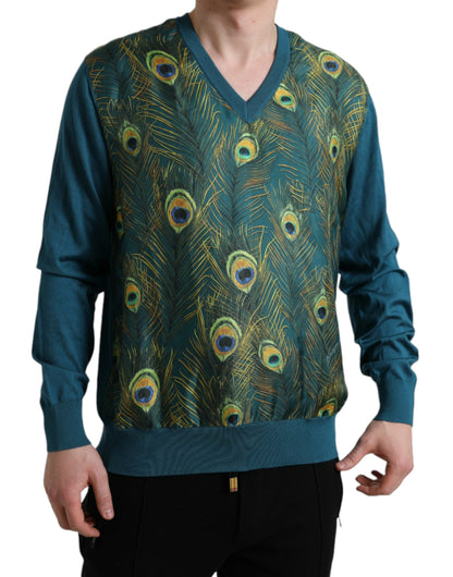 Dolce &amp; Gabbana Green Peacock Feather Pullover Sweater