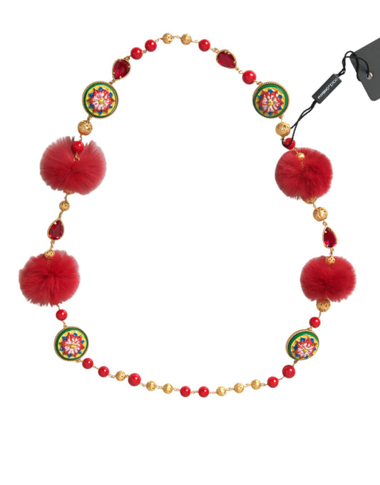 Dolce & Gabbana Gold Brass Red Fur Crystal Carretto Chain Necklace