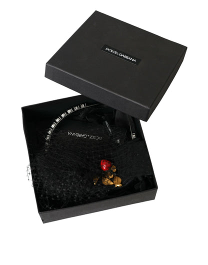 Dolce & Gabbana Black Strawberry Sicily Crystal Mesh Net Headband Diadem