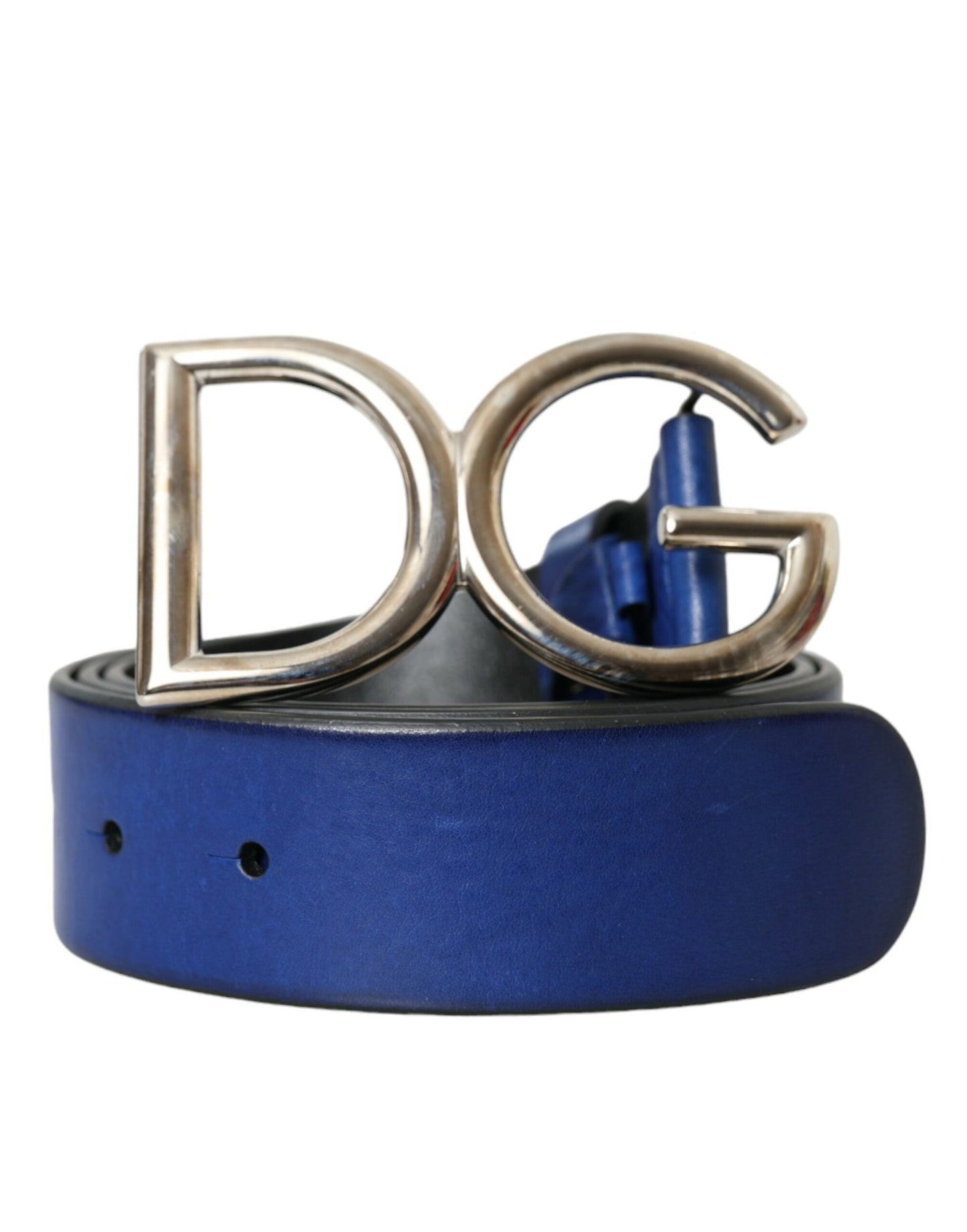 Dolce & Gabbana Blue Leather Silver Metal Logo Buckle Belt Men