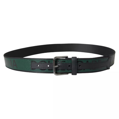 Dolce & Gabbana Black Green Logo Silver Metal Buckle Belt