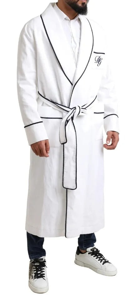 Dolce & Gabbana White Linen Belted Robe DG Logo Sleepwear