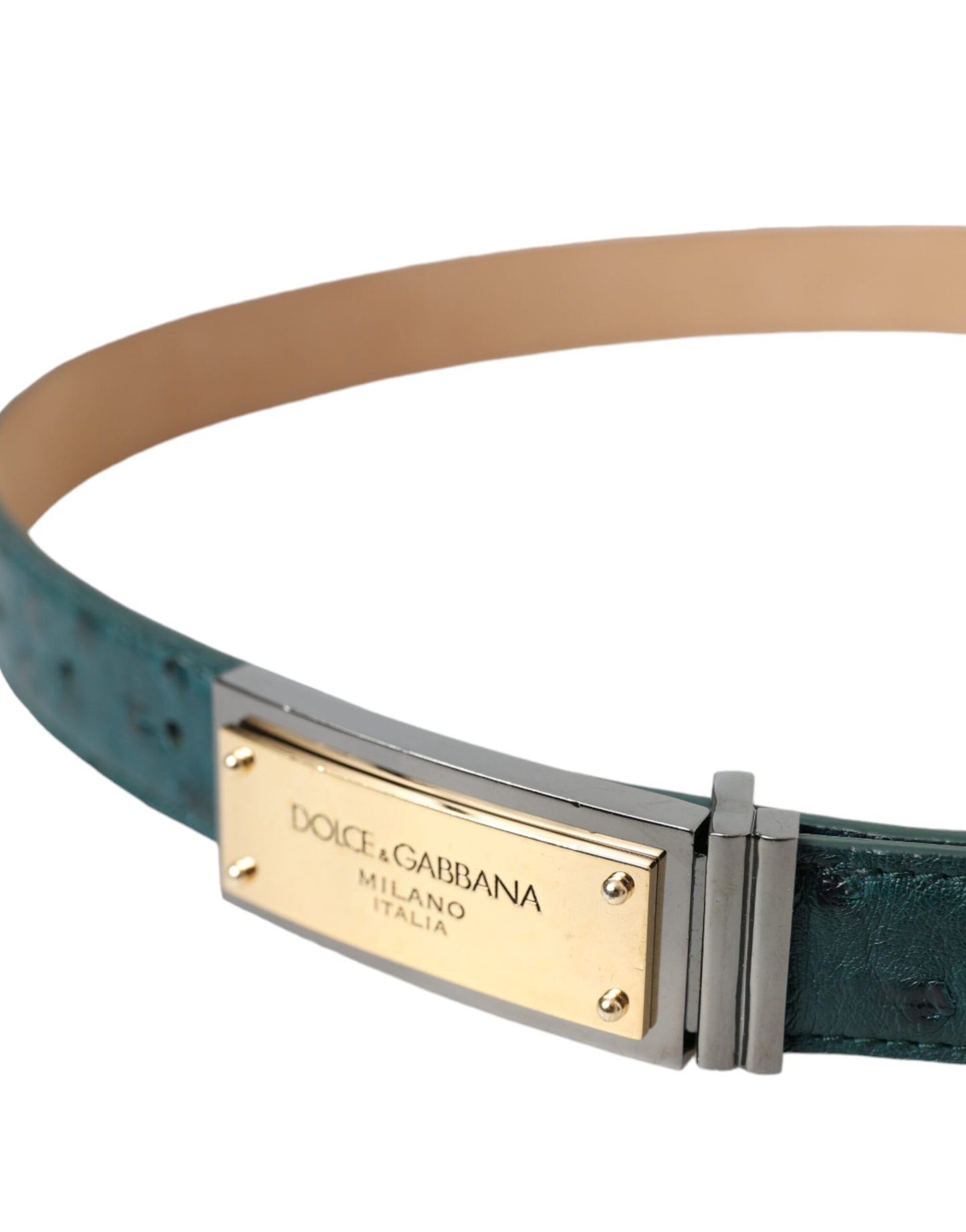 Dolce & Gabbana Green Leather Gold Logo Engraved Buckle Belt