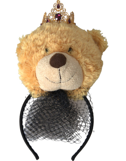 Dolce & Gabbana Brown Teddy Bear Gold Crystal Crown Hair Band Diadem