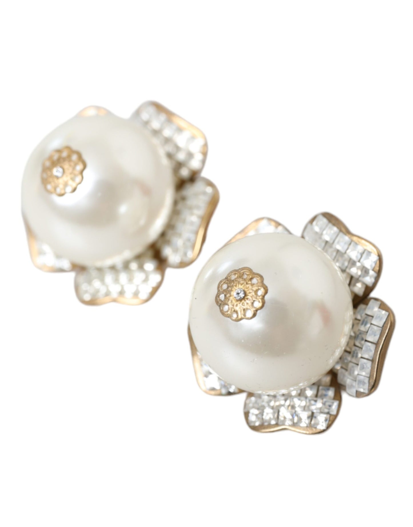 Dolce & Gabbana Gold Tone Maxi Faux Pearl Floral Clip-on Jewelry Earrings