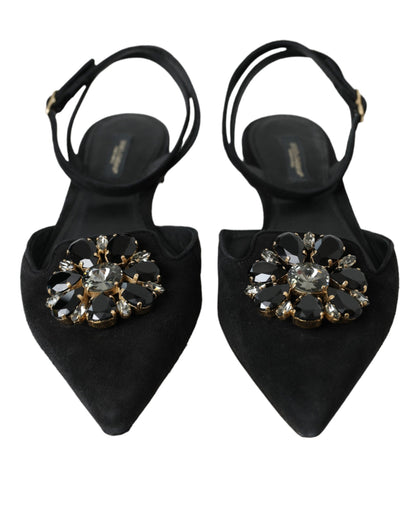 Dolce & Gabbana Black Leather Crystal Slingback Sandals Shoes