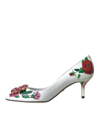 Dolce & Gabbana White Leather Roses Crystal Bellucci Pumps Shoes