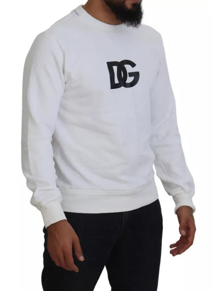 Dolce & Gabbana White Logo Cotton Crew Neck Pullover Sweater