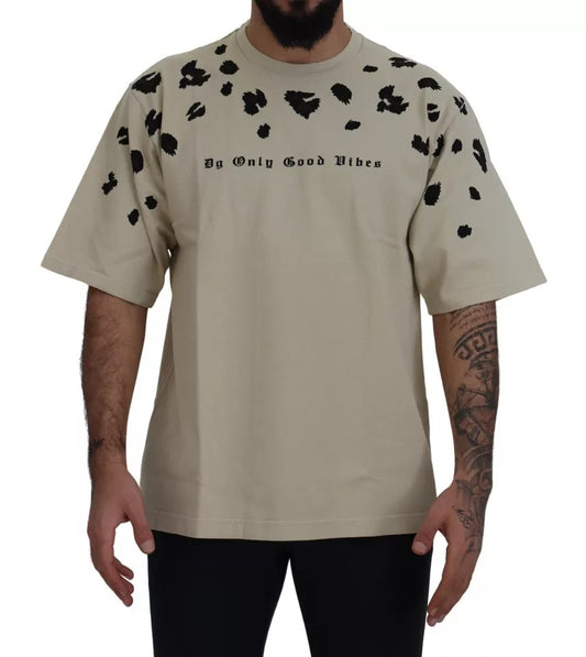 Dolce & Gabbana Beige Printed Crewneck Tee Cotton T-shirt