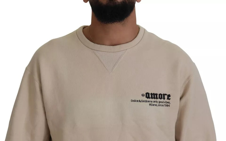 Dolce & Gabbana Beige Amore Cotton Crew Neck Pullover Sweater