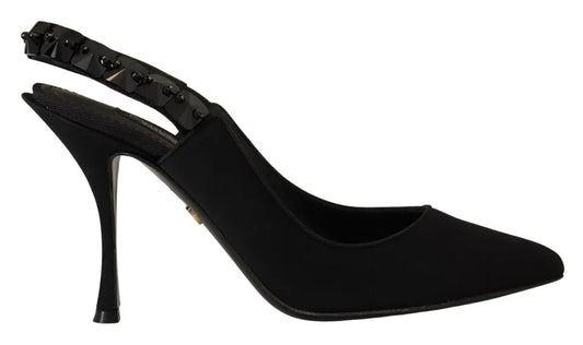 Dolce & Gabbana Black Embellished Heels Slingback Charmeuse Shoes