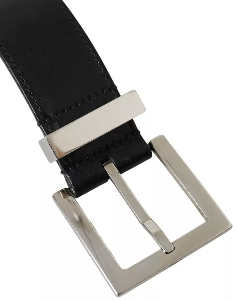 Dolce & Gabbana Black Leather Beige Strap Silver Metal Buckle Belt