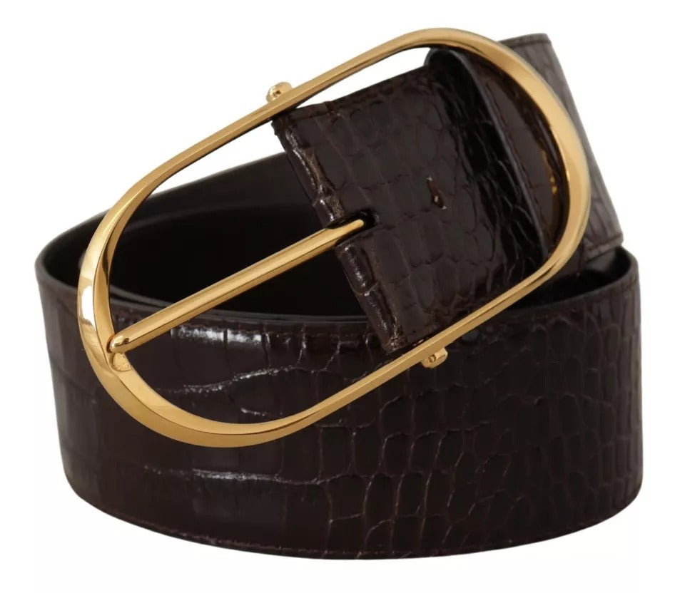 Dolce & Gabbana Brown Crocodile Pattern Leather Gold Oval Buckle Belt