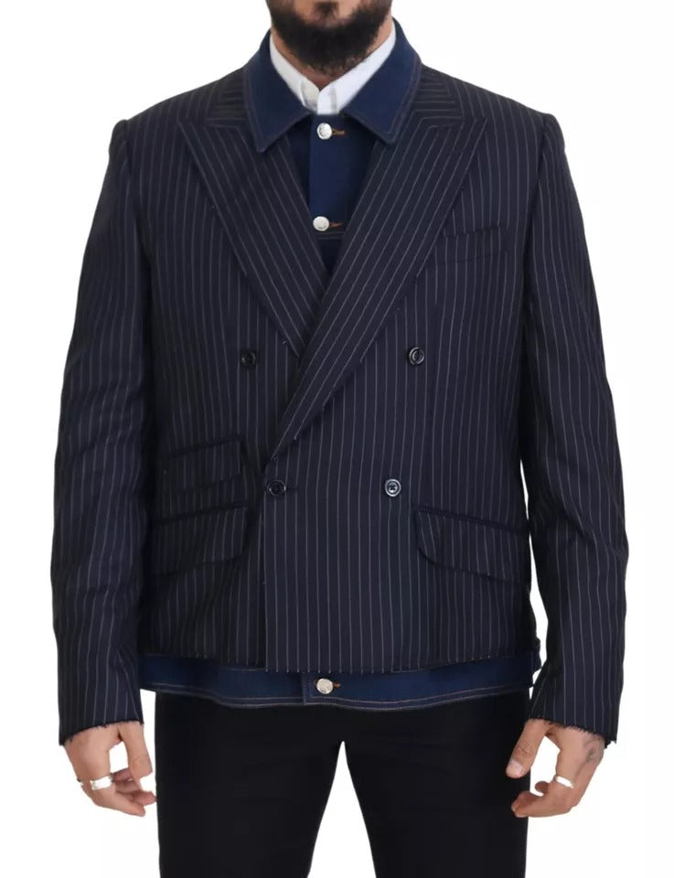 Dolce & Gabbana Blue Striped Double Breasted Denim Blazer