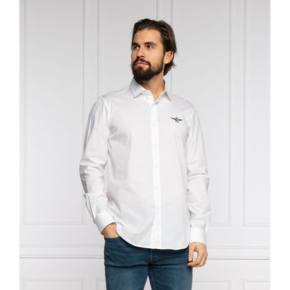 Aeronautica Militare Slim Fit White Cotton Shirt with Eagle Logo