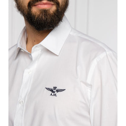 Aeronautica Militare Slim Fit White Cotton Shirt with Eagle Logo