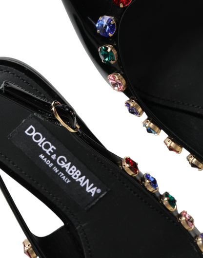 Dolce & Gabbana Black Leather Crystal Flats Slingback Shoes