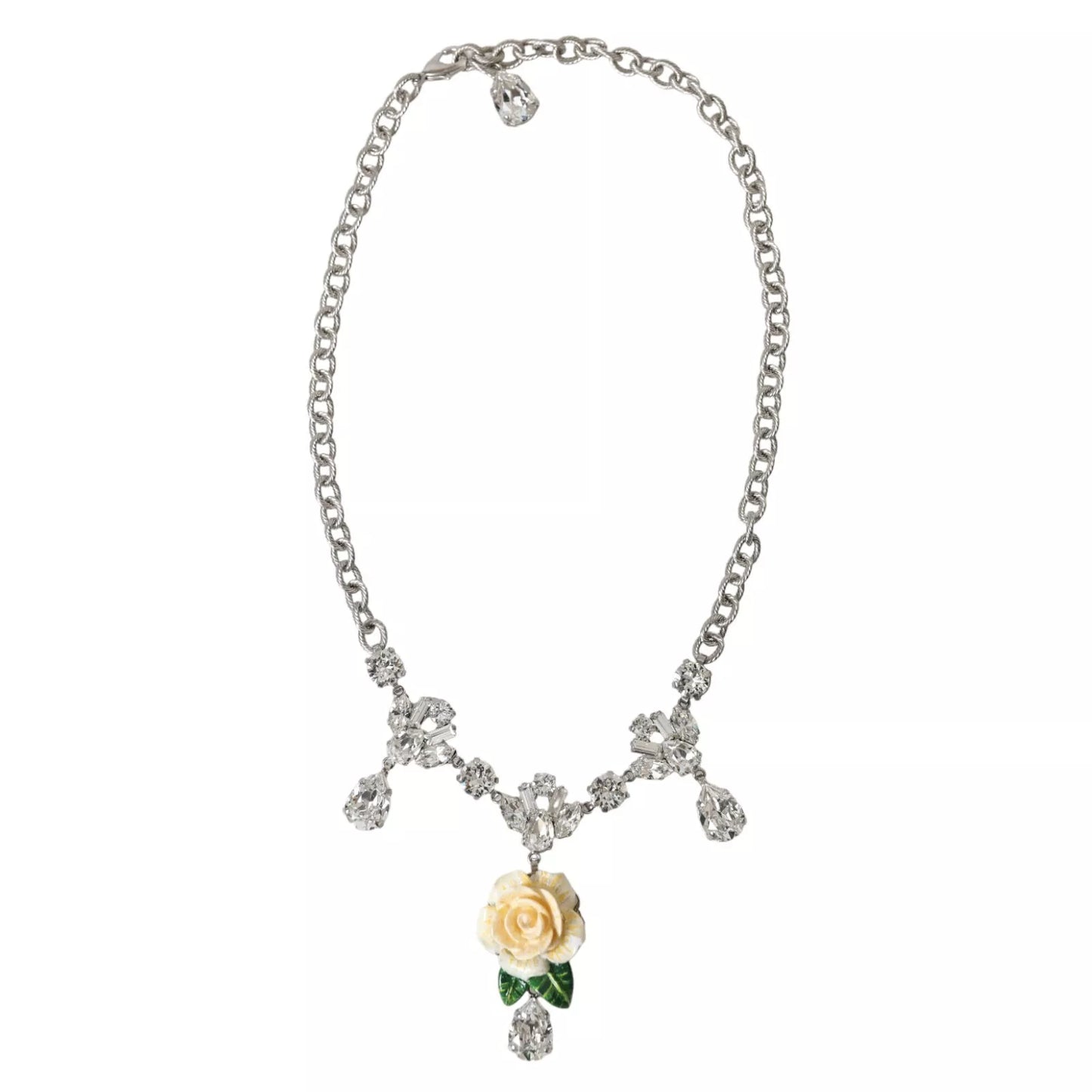 Dolce & Gabbana Silver Brass Clear Crystal Roses Pendants Necklace