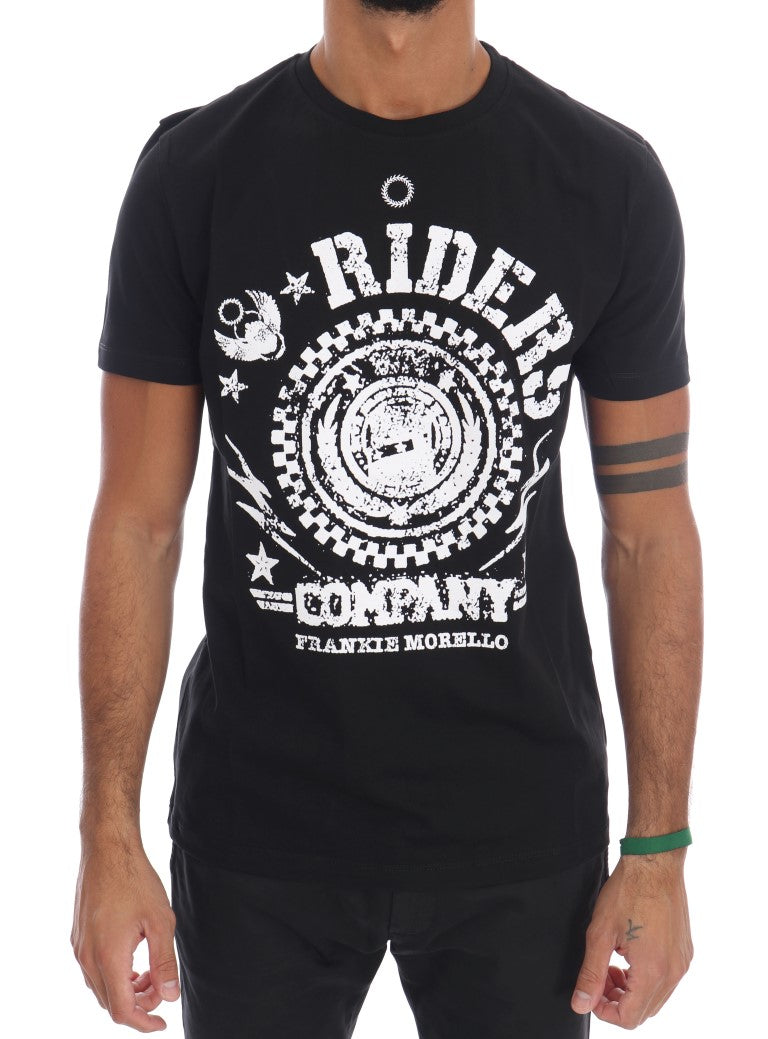 Frankie Morello Chic Black Crewneck Tee with 'RIDERS' Motif