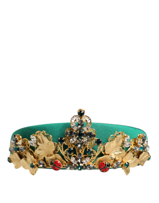 Dolce & Gabbana Green Silk Crystal Embellished Tiara Headband Crown Diadem