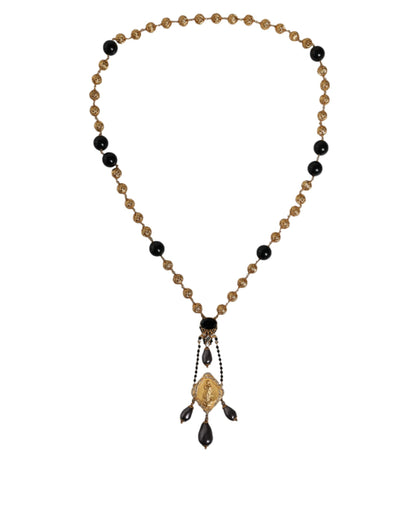 Dolce & Gabbana Gold Chain Brass Black Beaded Rosary Style Necklace