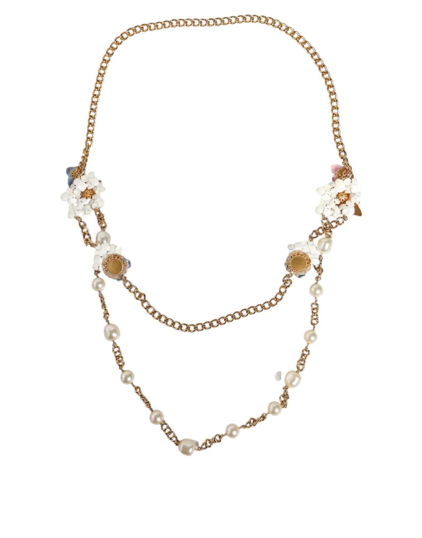 Dolce & Gabbana Gold Chain Brass Floral Layered Crystal Pearl Necklace