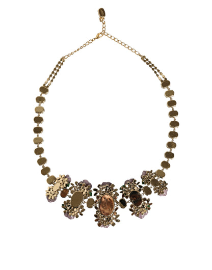 Dolce & Gabbana Gold Brass Link Chain Rose Petal Crystal Embellished Necklace