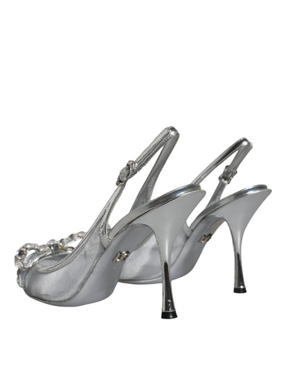 Dolce & Gabbana Silver Mesh Crystal Embellished Slingback Shoes