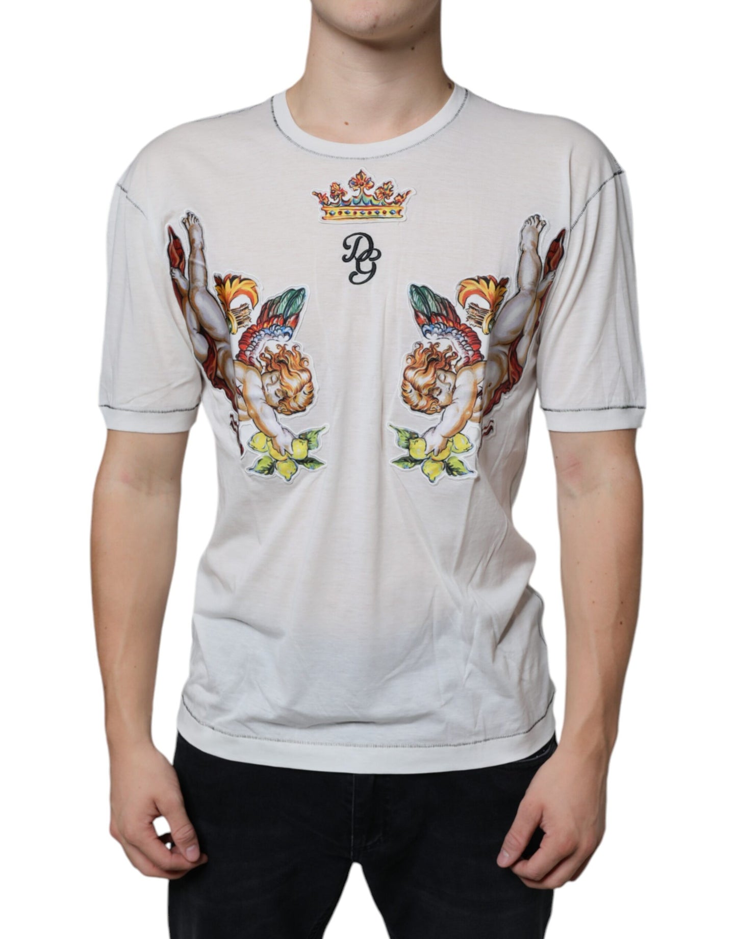 Dolce & Gabbana White Angel Crown Print Crew Neck T-shirt