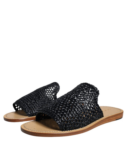 Dolce & Gabbana Black Monochrome Braided Raffia Slides Shoes