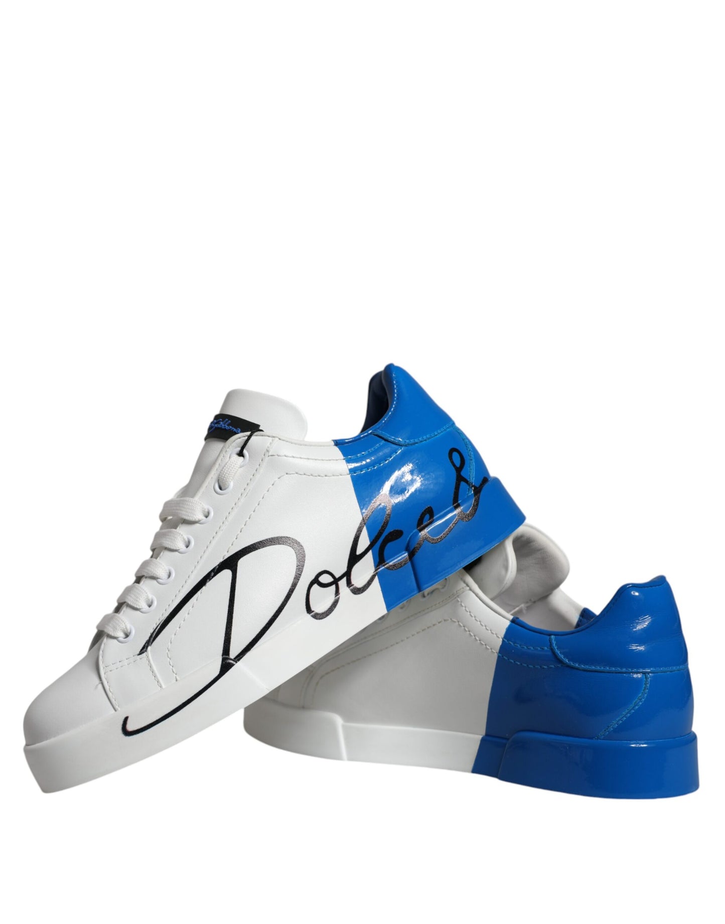 Dolce & Gabbana White Blue Leather Logo Low Top Sneakers Shoes