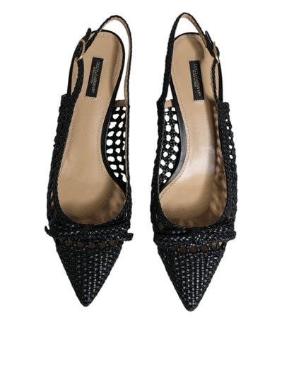 Dolce & Gabbana Black Leather Woven Heels Slingback Shoes