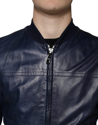 Dolce & Gabbana Blue Lambskin Leather Full Zip Biker Jacket