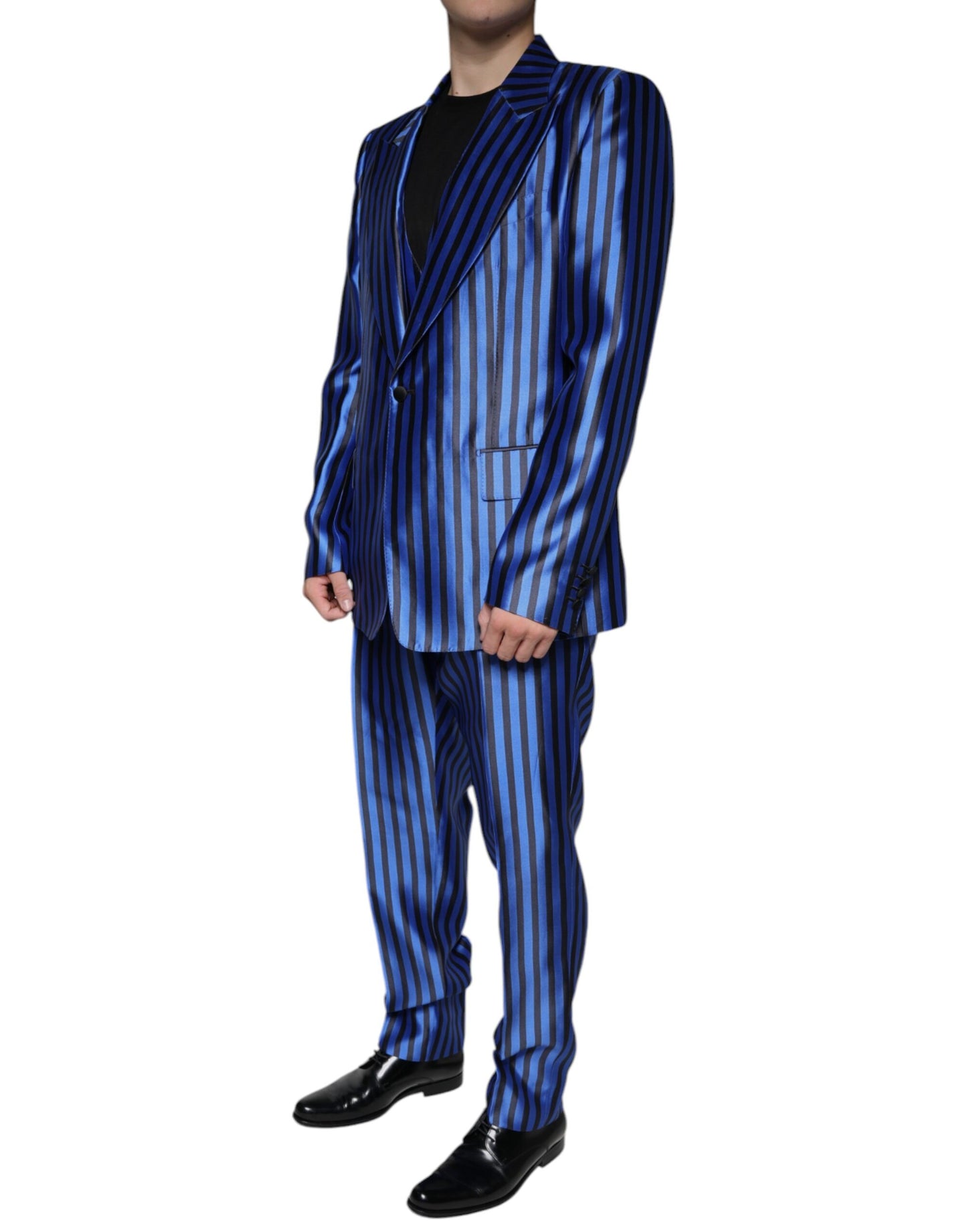 Dolce & Gabbana Metallic Blue Stripes Formal 3 Piece Suit