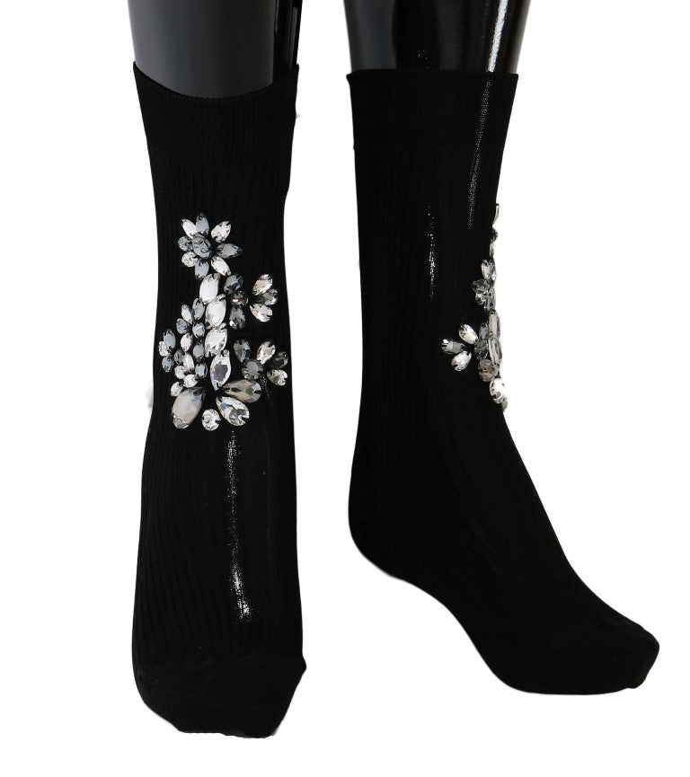 Dolce &amp; Gabbana Black Knitted Floral Clear Crystal Socks