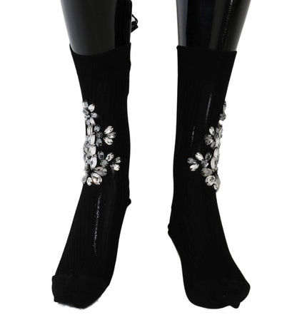 Dolce &amp; Gabbana Black Knitted Floral Clear Crystal Socks