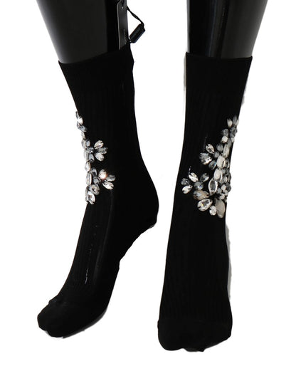 Dolce &amp; Gabbana Black Knitted Floral Clear Crystal Socks