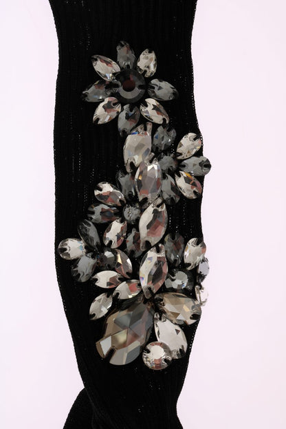 Dolce &amp; Gabbana Black Knitted Floral Clear Crystal Socks