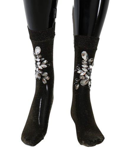 Dolce &amp; Gabbana Black Stretch Floral Clear Crystal Socks