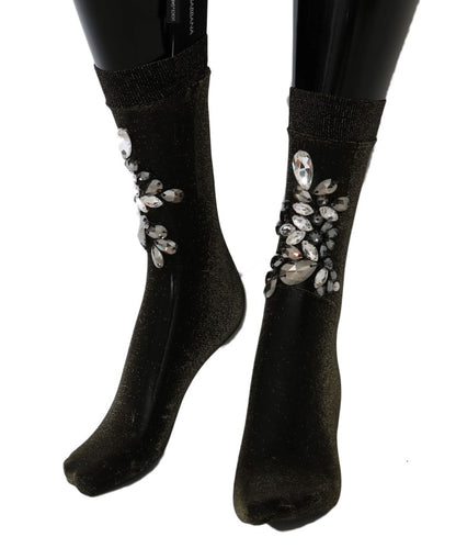 Dolce &amp; Gabbana Black Stretch Floral Clear Crystal Socks