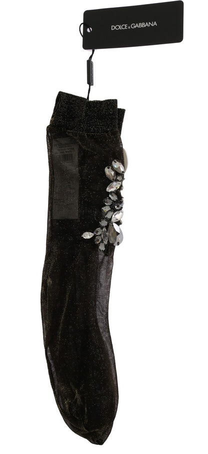 Dolce &amp; Gabbana Black Stretch Floral Clear Crystal Socks