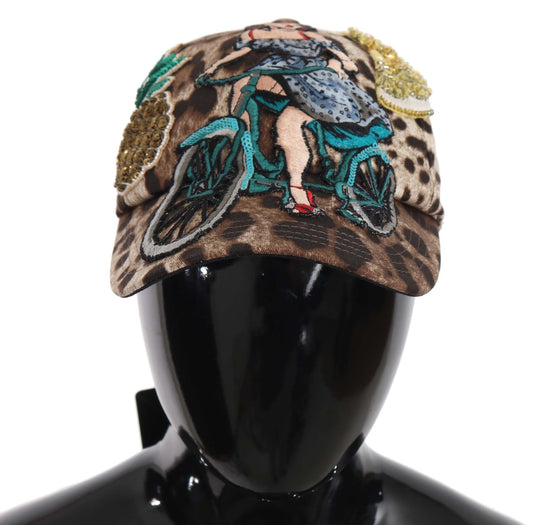 Dolce &amp; Gabbana Brown Leopard Sequin Sicily Applique Baseball Hat