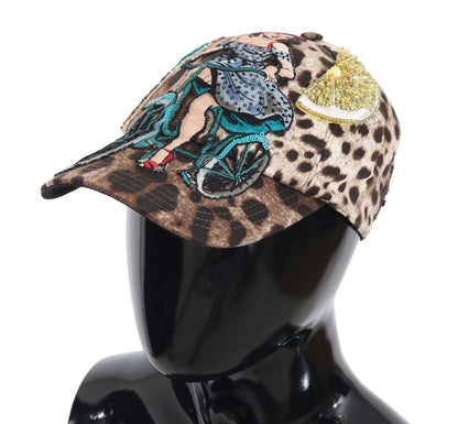 Dolce &amp; Gabbana Brown Leopard Sequin Sicily Applique Baseball Hat