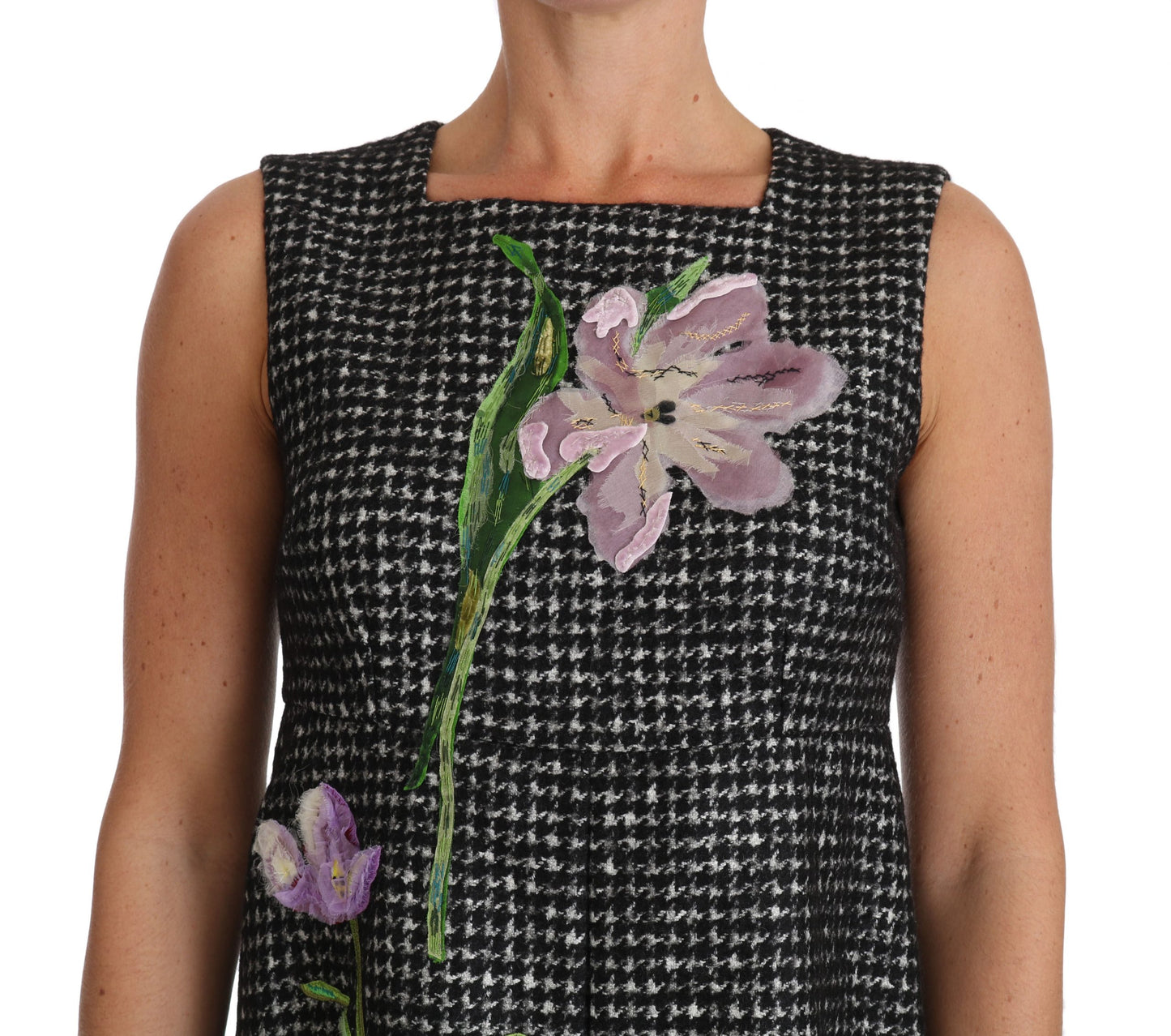 Dolce &amp; Gabbana Elegant Gray Mini A-Line Dress with Purple Tulip