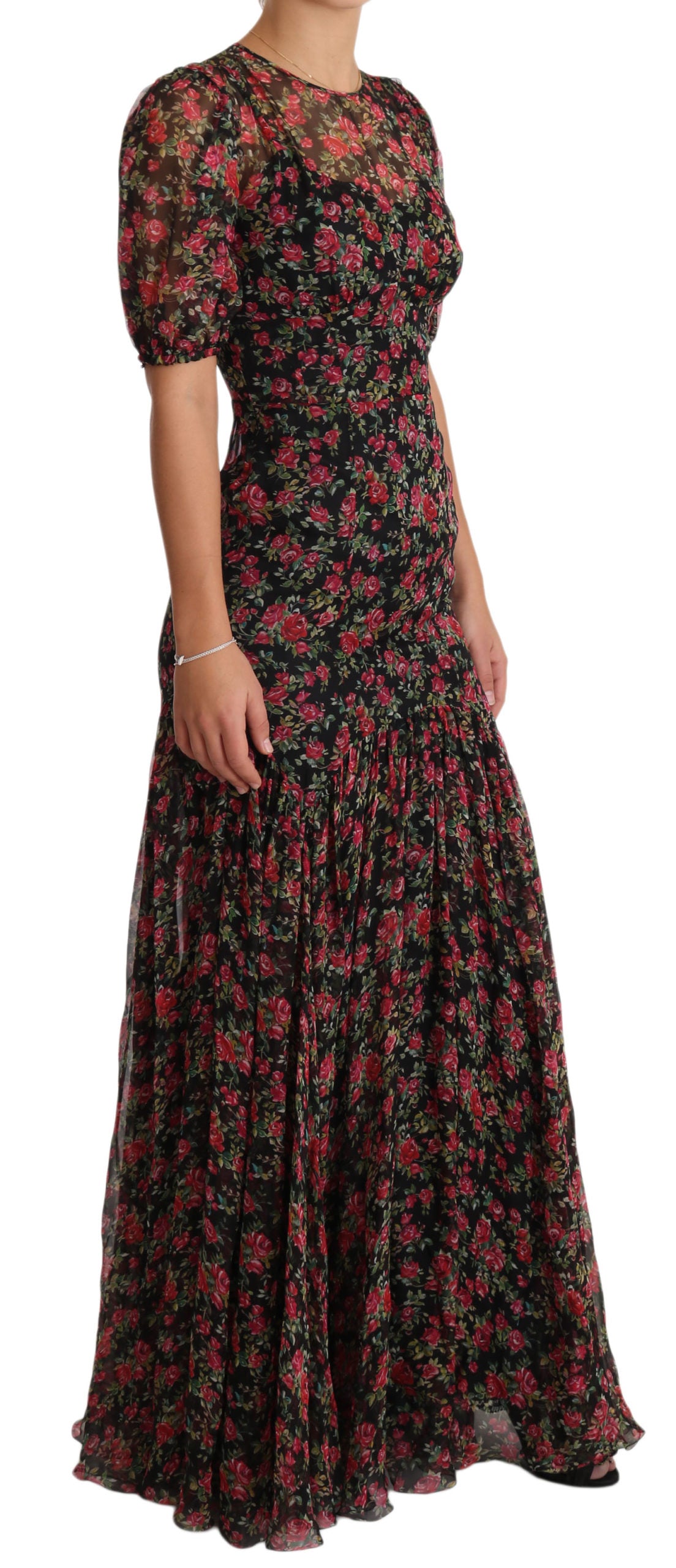 Dolce &amp; Gabbana Elegant Black Silk Floral A-Line Gown