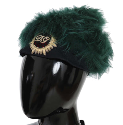 Dolce &amp; Gabbana Green Fur DG Logo Embroidered Cloche Hat