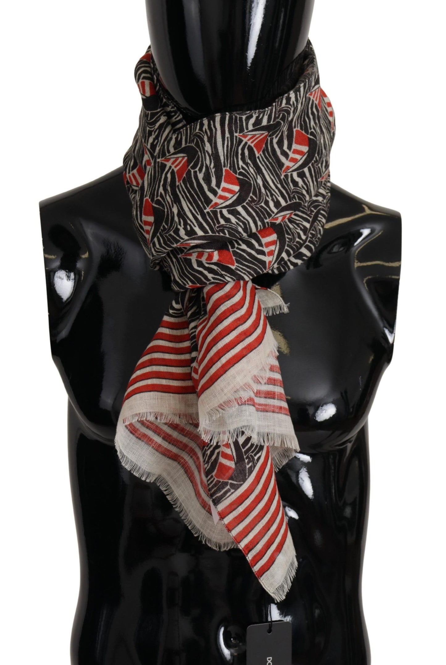 Dolce &amp; Gabbana Black Red Linen Sailboat Stripe Print Shawl Scarf