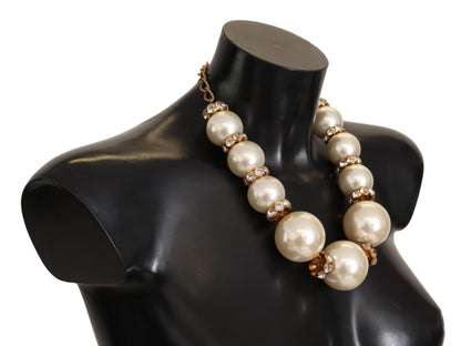 Dolce & Gabbana Elegant Faux Pearl Charm Necklace with Crystal Accents