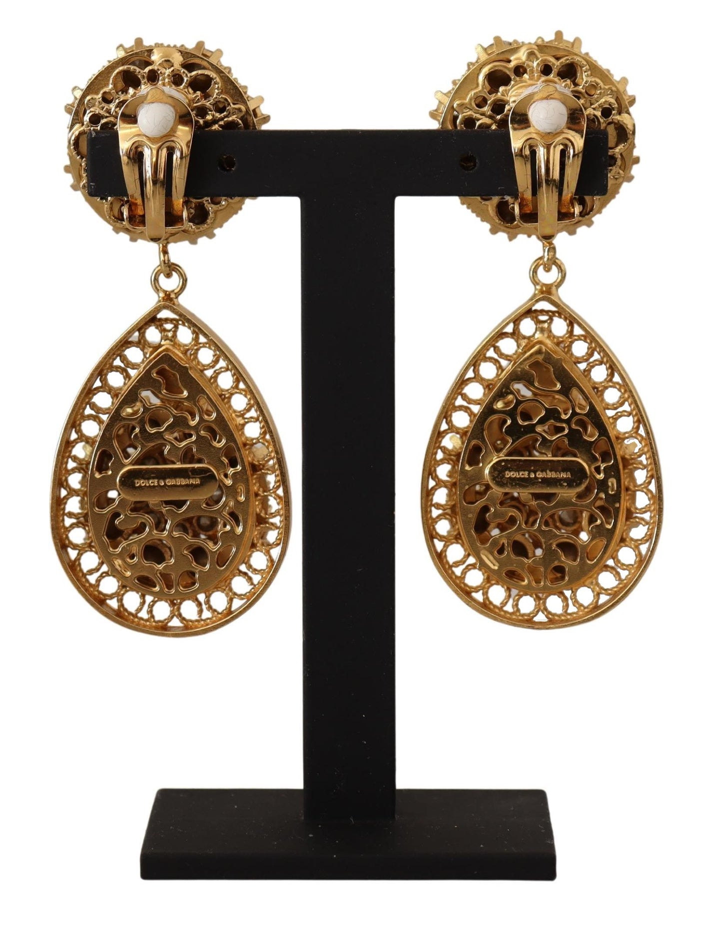 Dolce &amp; Gabbana Gold Crystal DG SICILY Clip-on Jewelry Dangling Earrings