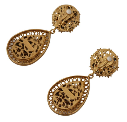 Dolce &amp; Gabbana Gold Crystal DG SICILY Clip-on Jewelry Dangling Earrings